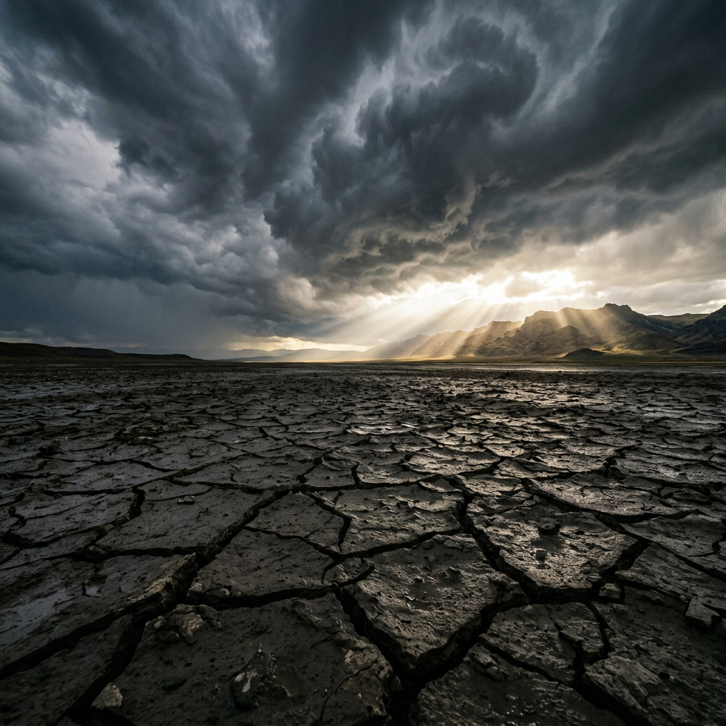 Cracked dry earth in foreground with sun rays shining through stormy clouds over distant mountains