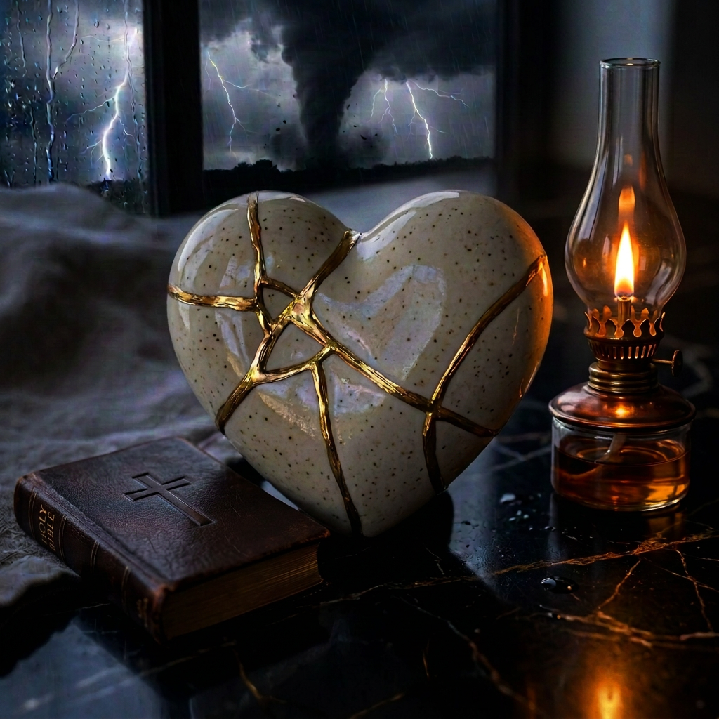 Ceramic heart with gold kintsugi repairs on a wooden table