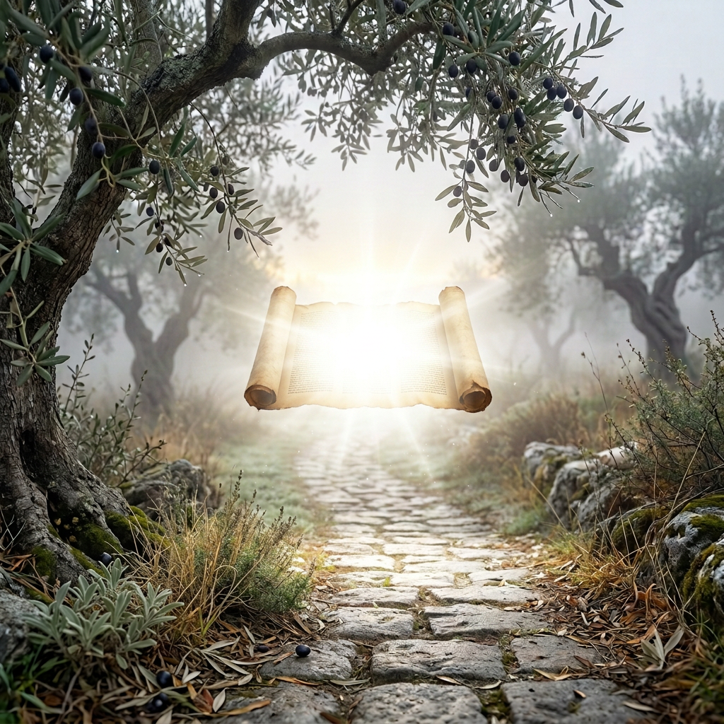 Rolled parchment maps beside a misty stone path in an olive grove